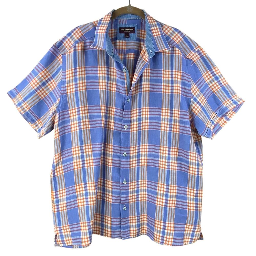Johnson & Murphy 100% Linen Plaid Shirt Size XL Blue Button Up Preppy